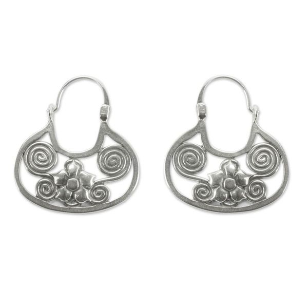 Alternate image for Artisan Crafted Sterling Silver Hoop Earrings from Mexico Floral Mazahua