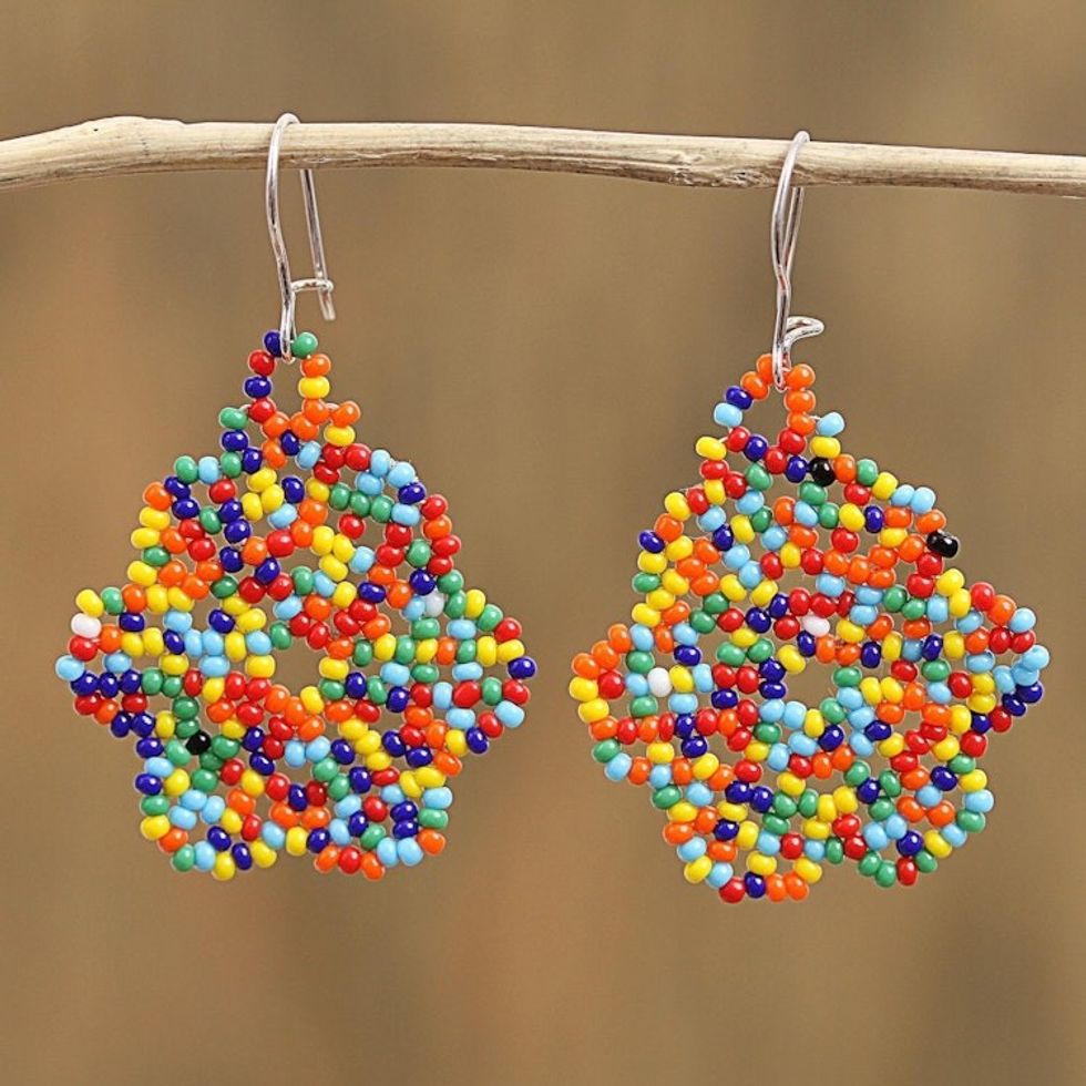 Multicolored Glass Beaded Dangle Earrings from Mexico 'Huichol Color'