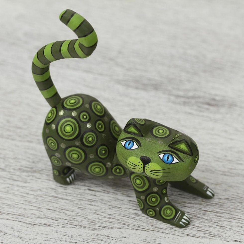 Handcrafted Green Wood Alebrije Playful Cat Figurine 'Curiosity Cousin in Green'