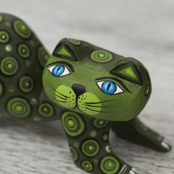 Alternate image for Handcrafted Green Wood Alebrije Playful Cat Figurine Curiosity Cousin in Green