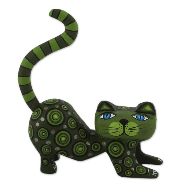Alternate image for Handcrafted Green Wood Alebrije Playful Cat Figurine Curiosity Cousin in Green