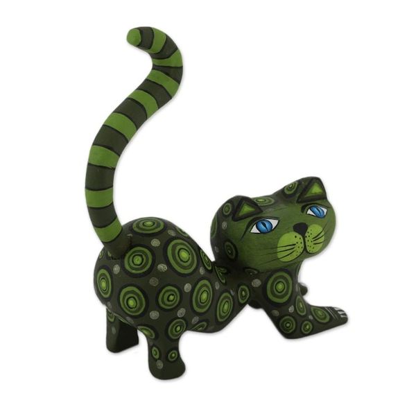 Alternate image for Handcrafted Green Wood Alebrije Playful Cat Figurine Curiosity Cousin in Green