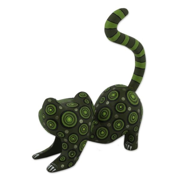 Alternate image for Handcrafted Green Wood Alebrije Playful Cat Figurine Curiosity Cousin in Green