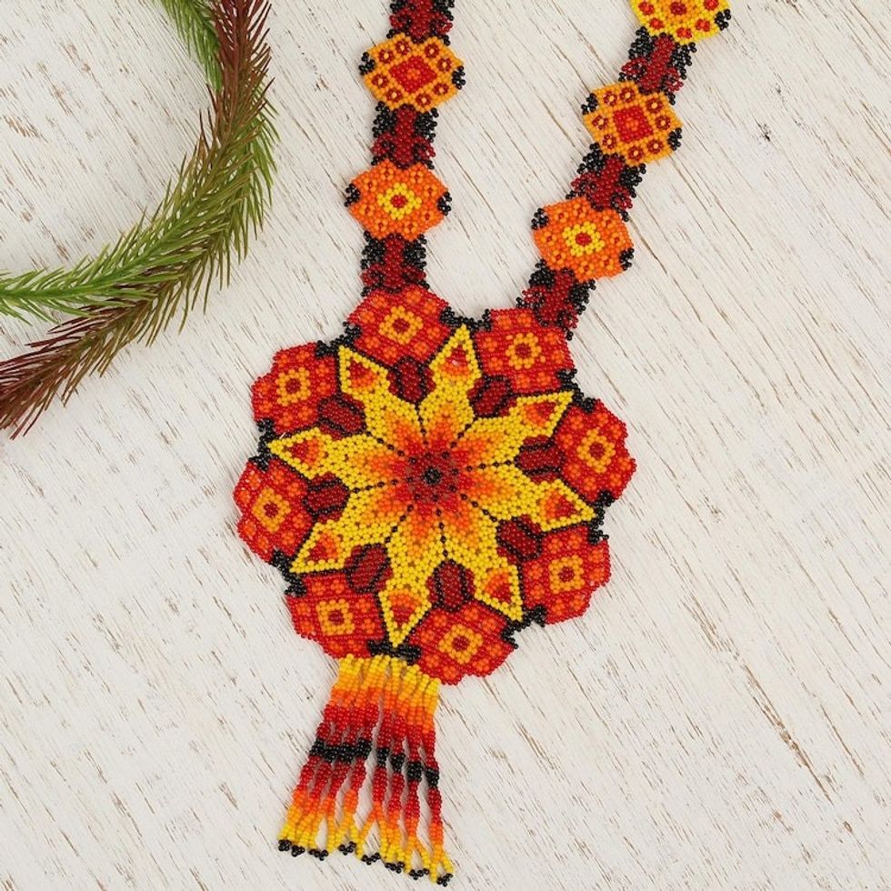Ceramic Beaded Pendant Necklace in Fiery Hues from Mexico 'Fiery Geometry'