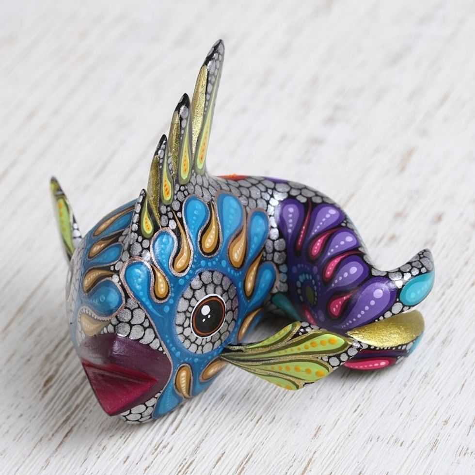 Colorful Wood Alebrije Fish Figurine from Mexico 'Fascinating Fish'