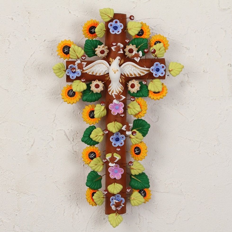 Handcrafted Floral Ceramic Wall Cross from Mexico 'Cross of Faith'