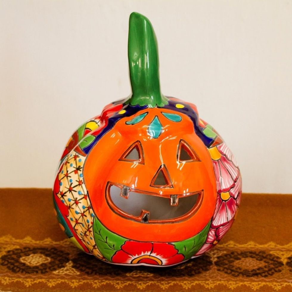 Talavera-Style Ceramic Jack-O-Lantern Candle Holder 'Floral Jack-O-Lantern'
