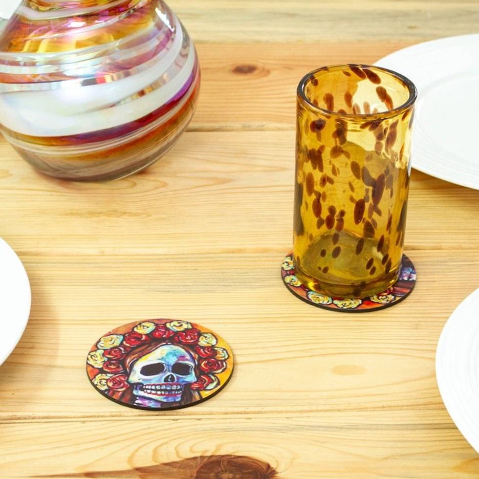 Pinewood Coasters with Base Skull Set of 4 from Mexico 'Skeleton Bride'