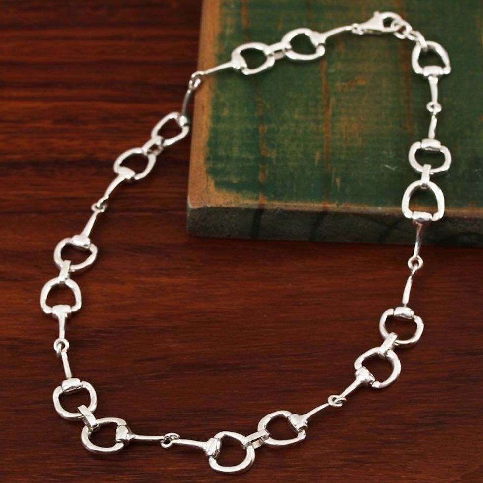 Sterling Silver Stirrup Link Necklace from Mexico 'Gleaming Stirrups'