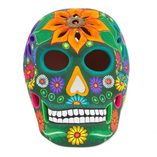 Alternate image for Floral Ceramic Day of the Dead Skull Sculpture from Mexico Cheerful Skull