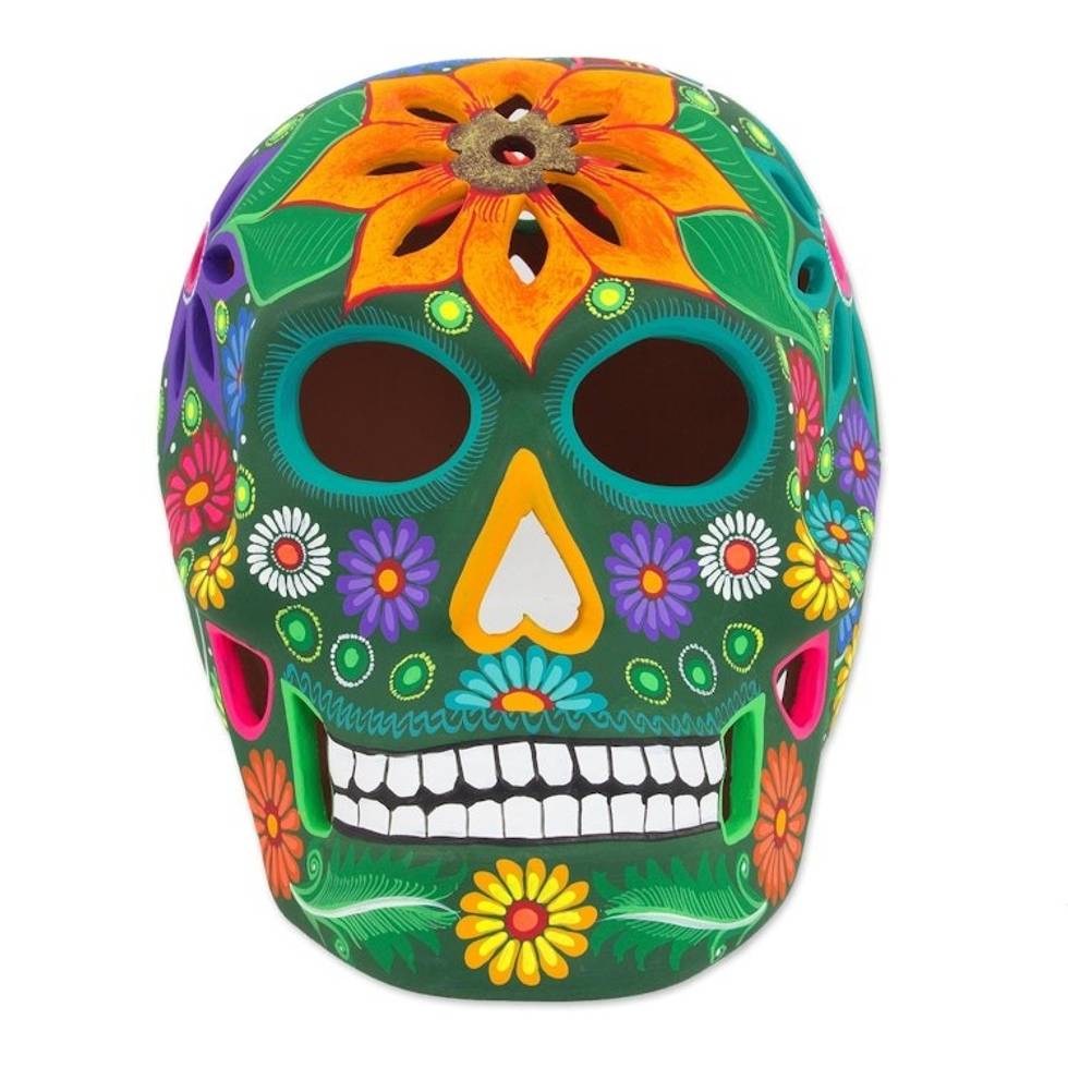 Floral Ceramic Day of the Dead Skull Sculpture from Mexico 'Cheerful Skull'