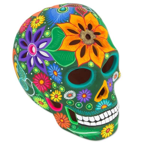 Alternate image for Floral Ceramic Day of the Dead Skull Sculpture from Mexico Cheerful Skull