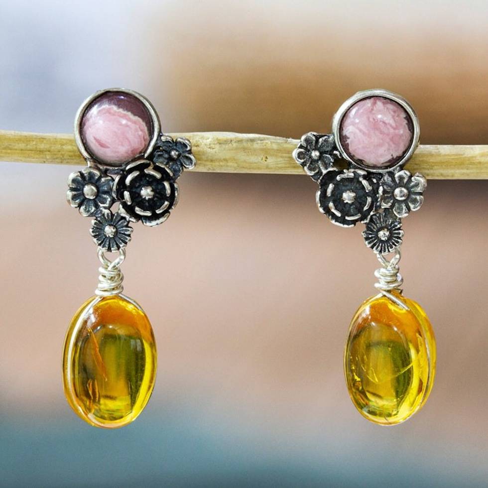 Amber and Rhodochrosite on Antiqued Sterling Silver Earrings 'Flowers of Harmony'