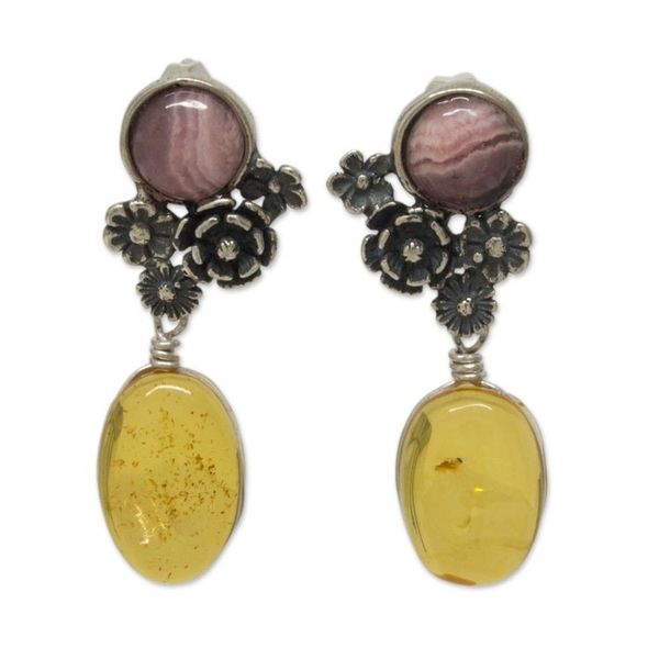 Alternate image for Amber and Rhodochrosite on Antiqued Sterling Silver Earrings Flowers of Harmony