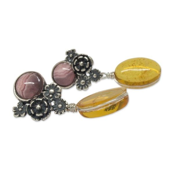 Alternate image for Amber and Rhodochrosite on Antiqued Sterling Silver Earrings Flowers of Harmony
