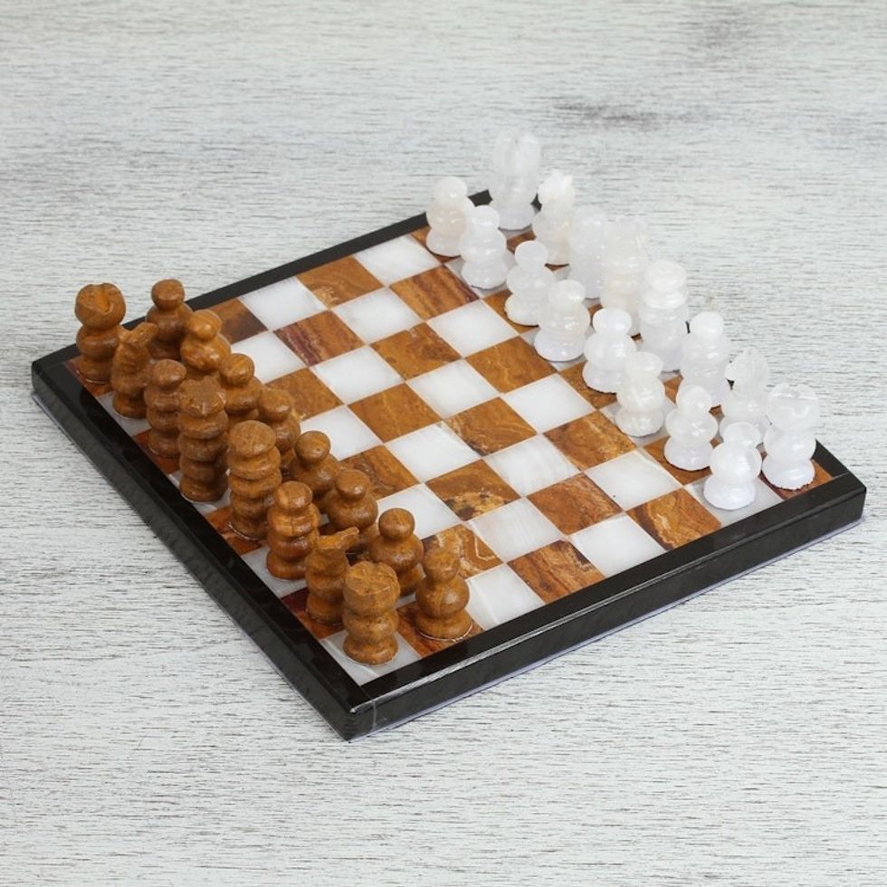 Onyx and Marble Mini Chess Set in Brown and Ivory 'Cafe Challenge'