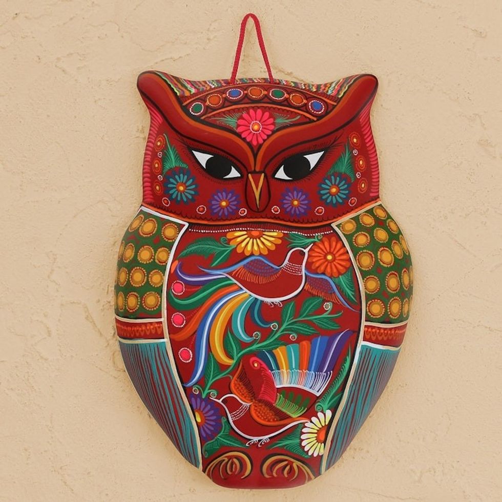 Floral Ceramic Owl Wall Sculpture in Red from Mexico 'Passionate Owl'
