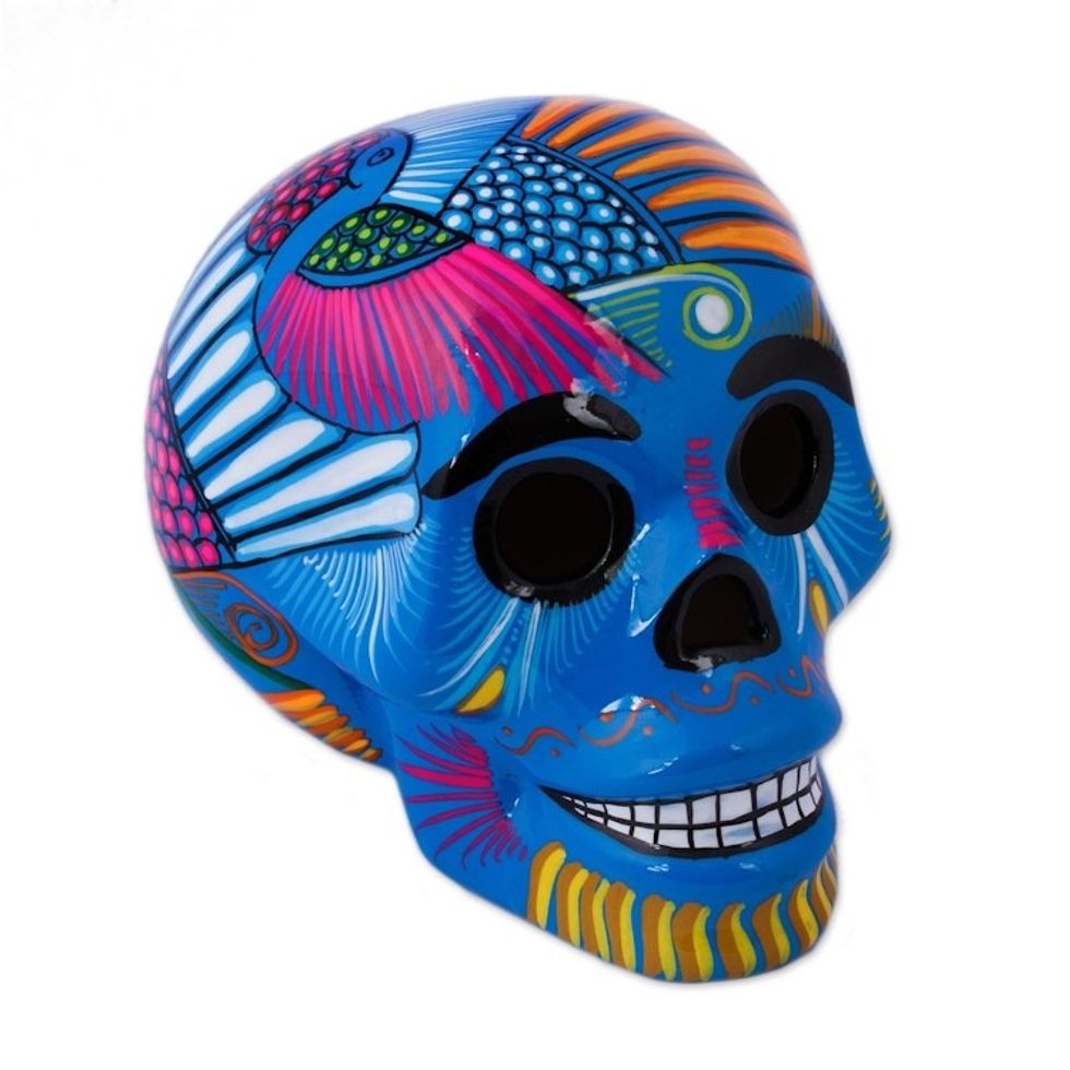 Mexican Hand Painted Blue Decorative Ceramic Skull 'Colorful Death'