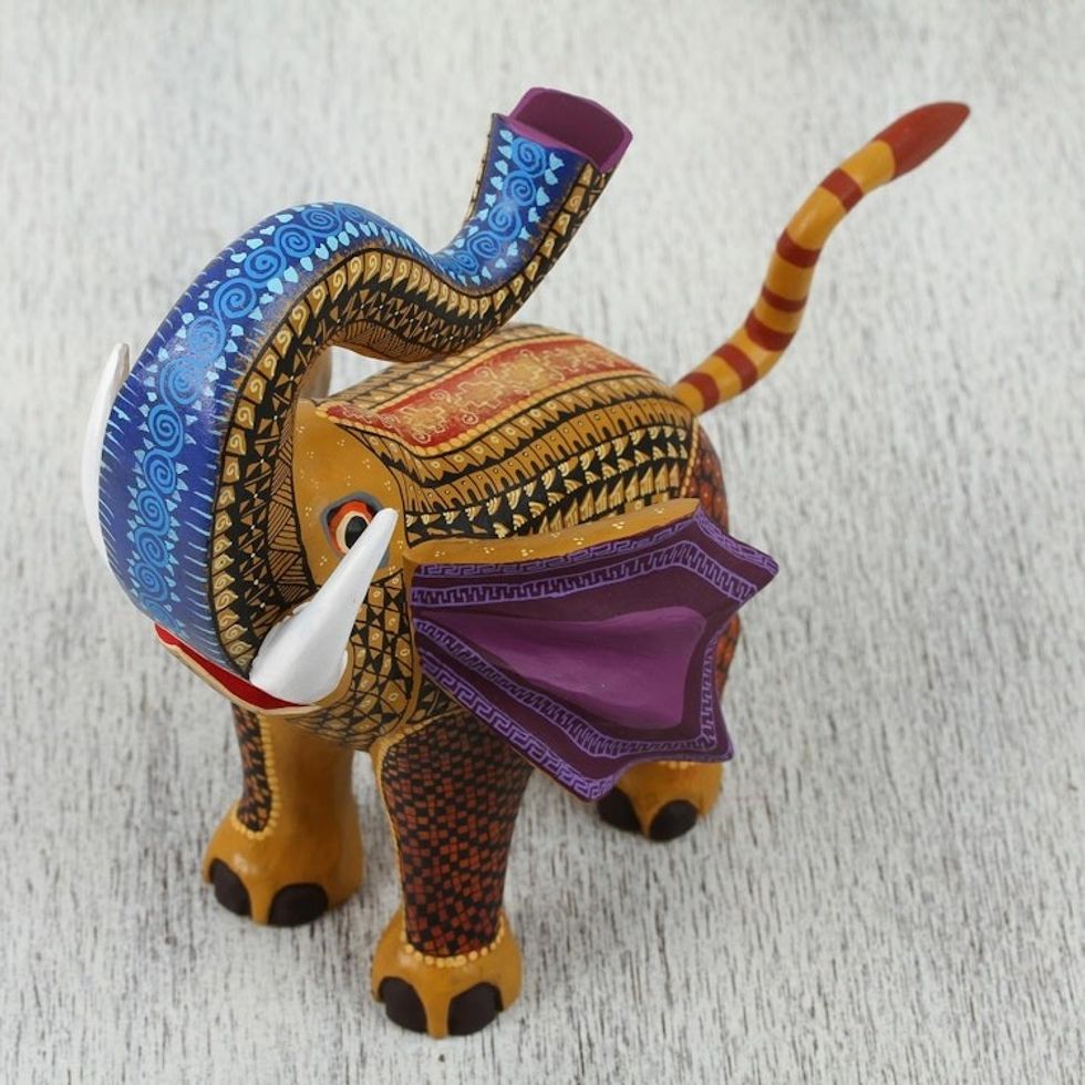 Colorful Handcrafted Trumpeting Elephant Wood Alebrije 'Fantasy Elephant'