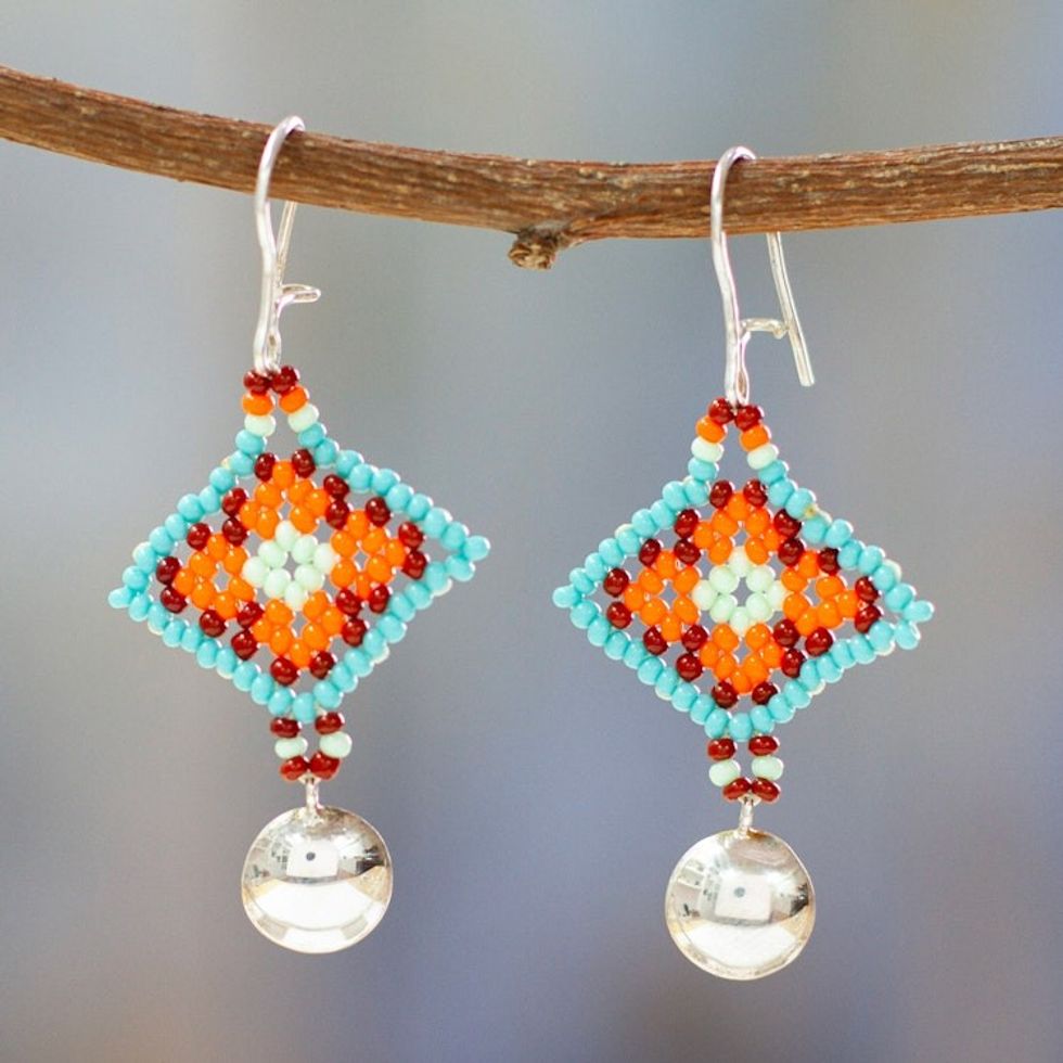 Glass Beaded Sterling Silver Dangle Earrings from Mexico 'Sunrise Diamonds'
