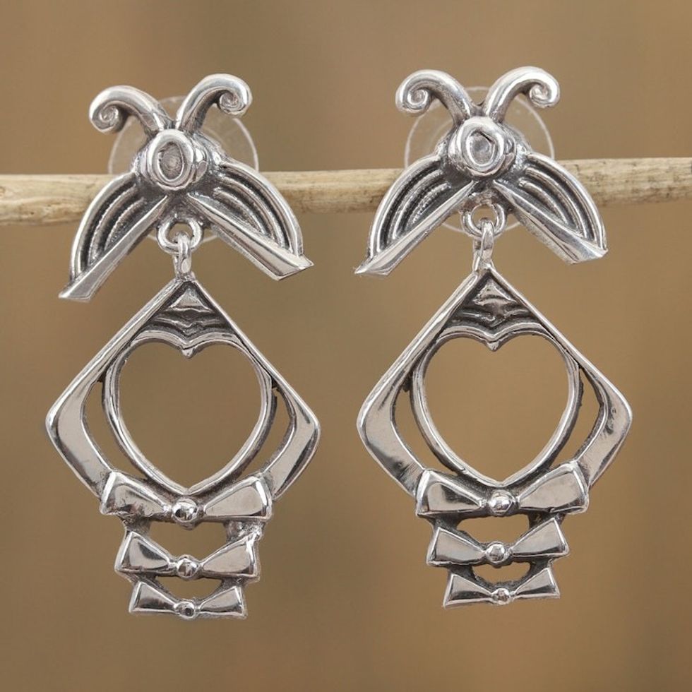 Heart-Shaped Sterling Silver Dangle Earrings from Mexico 'Crossroads of the Heart'