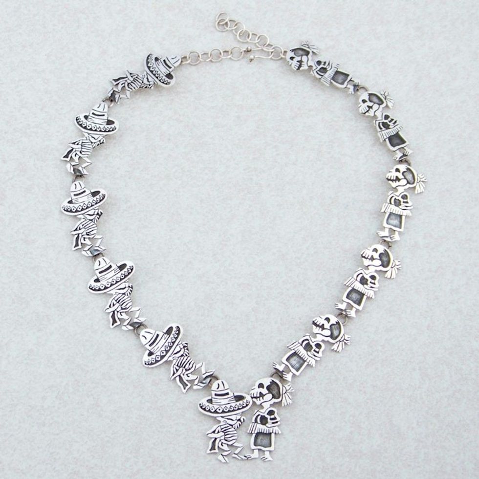 Mexican Day of the Dead Sterling Silver Link Necklace 'Skeletal Hat Dance'