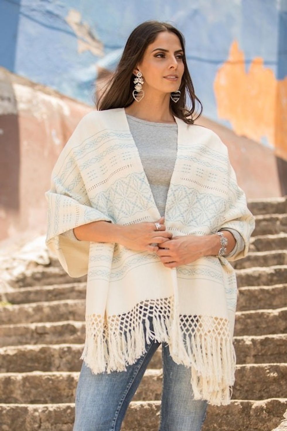 Creamy Cotton Handwoven Shawl with Light Blue Stars 'Azure Stars of Teotitlan'
