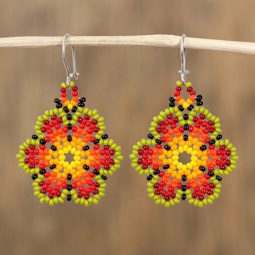 Artisan Crafted Floral Glass Beaded Earrings from Mexico 'Flowers of Happiness'