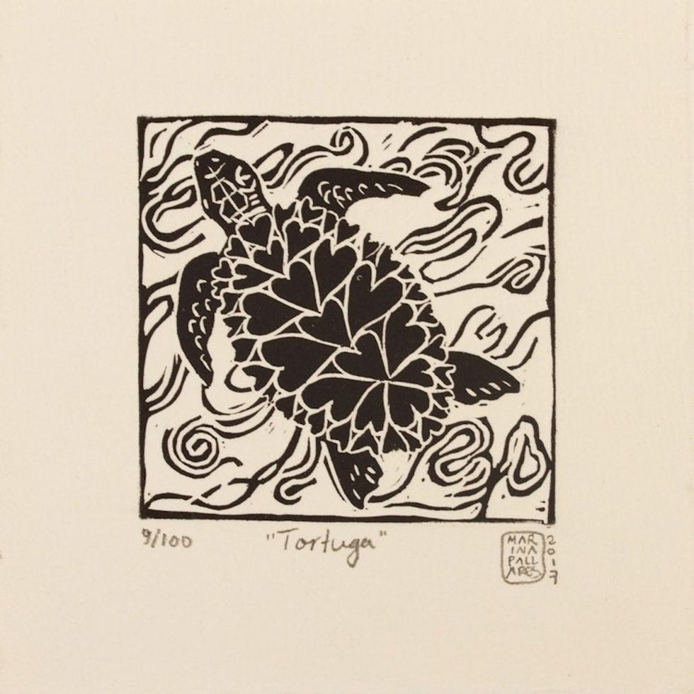 Turtle Hearts Black and White Signed Linoleum Block Print 'Turtle'