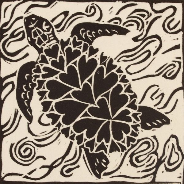 Alternate image for Turtle Hearts Black and White Signed Linoleum Block Print Turtle