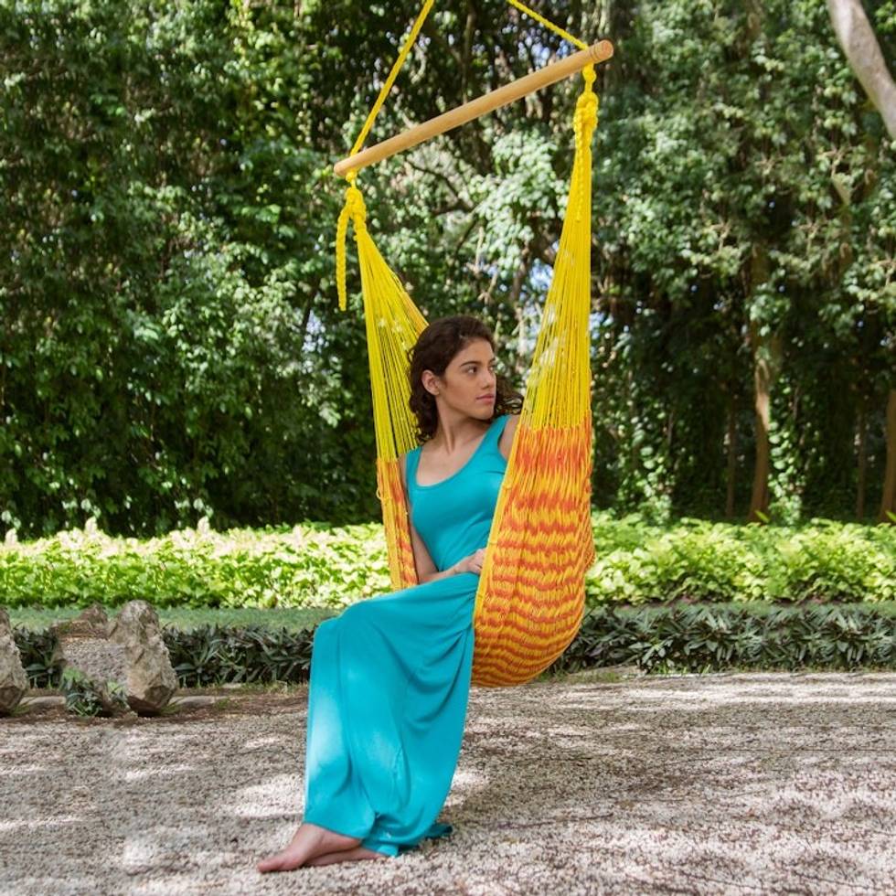Yellow Orange Hand Woven Cotton Hammock Swing Chair 'Maya Sunflower'