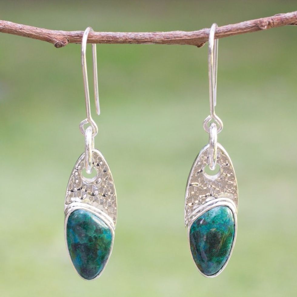 Mexico Silver 950 Chrysocolla Dangle Earrings 'Peaceful Wisdoms'
