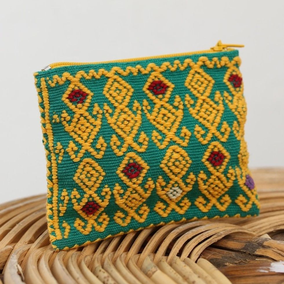 Geometric Cotton Coin Purse in Saffron and Emerald 'Beauty of the Season'