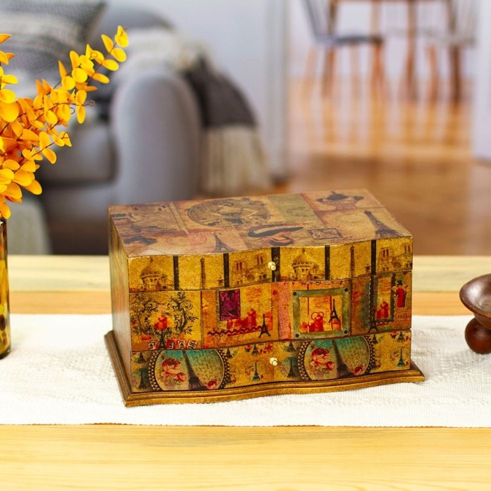 Handcrafted Decoupage Jewellery Box with Mirror and Drawer 'France in Mexico'