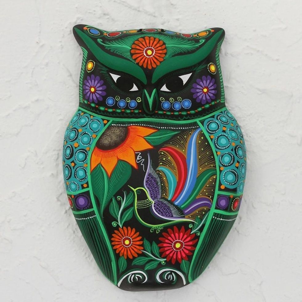 Hand-Painted Floral Ceramic Owl Wall Sculpture from Mexico 'Owl of Flowers'