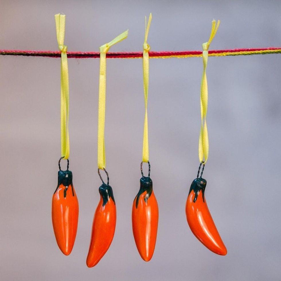 Orange Ceramic Serrano Pepper Ornaments Set of 4 'Serrano Peppers in Orange'