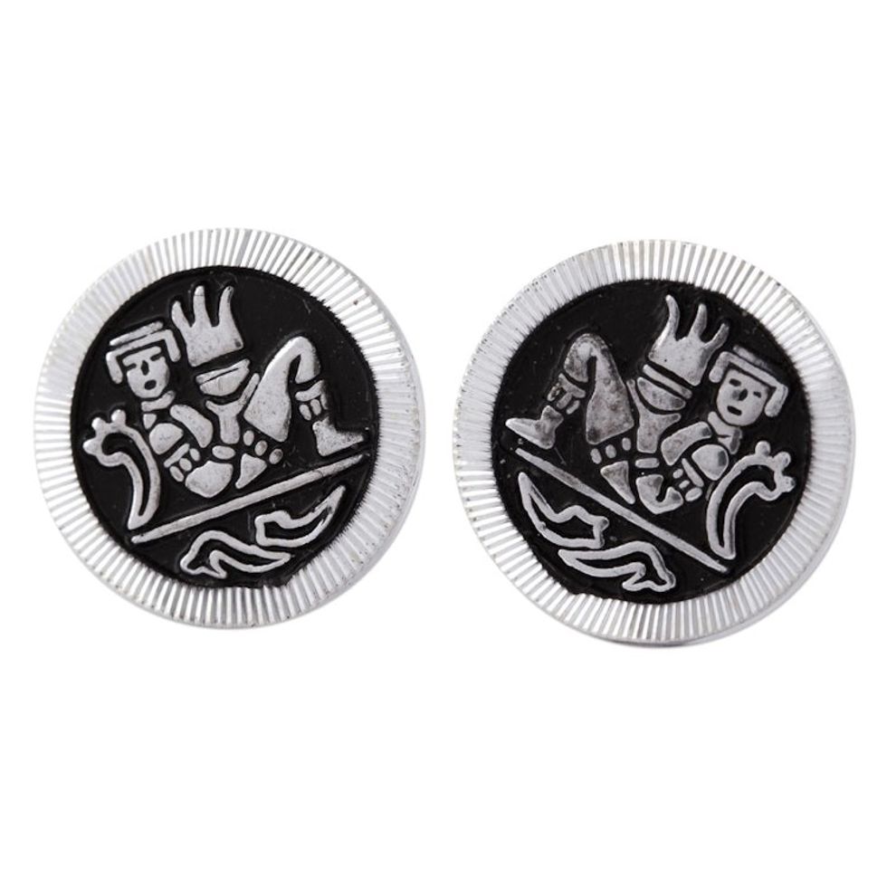 Mexican Handcrafted Enameled Sterling Silver Stud Earrings 'Maya Chac Mool'