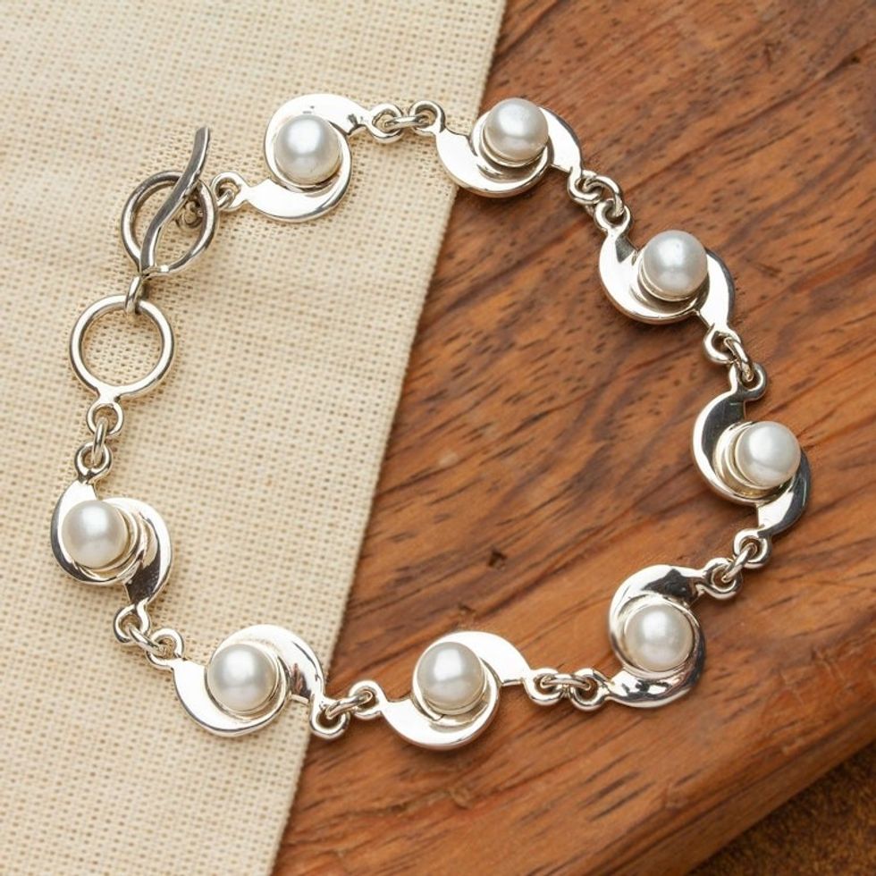 Pearl Link Bracelet with Mexico Sterling Silver 925 'Taxco Pinwheels'