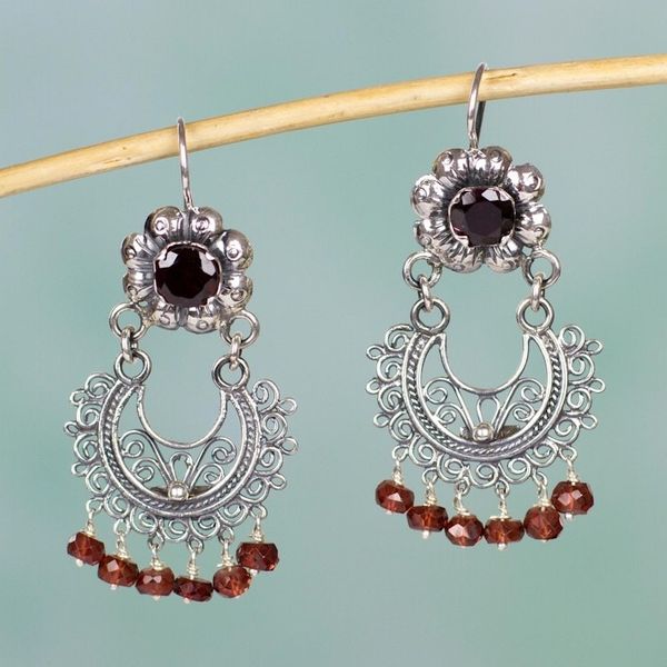 Alternate image for Sterling Silver Mazahua Style Garnet Chandelier Earrings Mazahua Lady