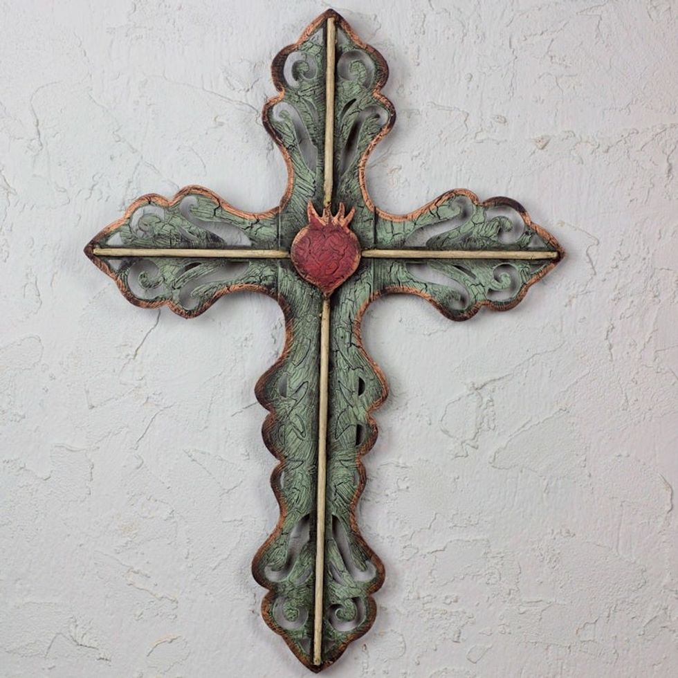 Hand Made Cross Green Religious Steel Wall Sculpture Mexico 'Jesus Sacred Heart on Fire...'