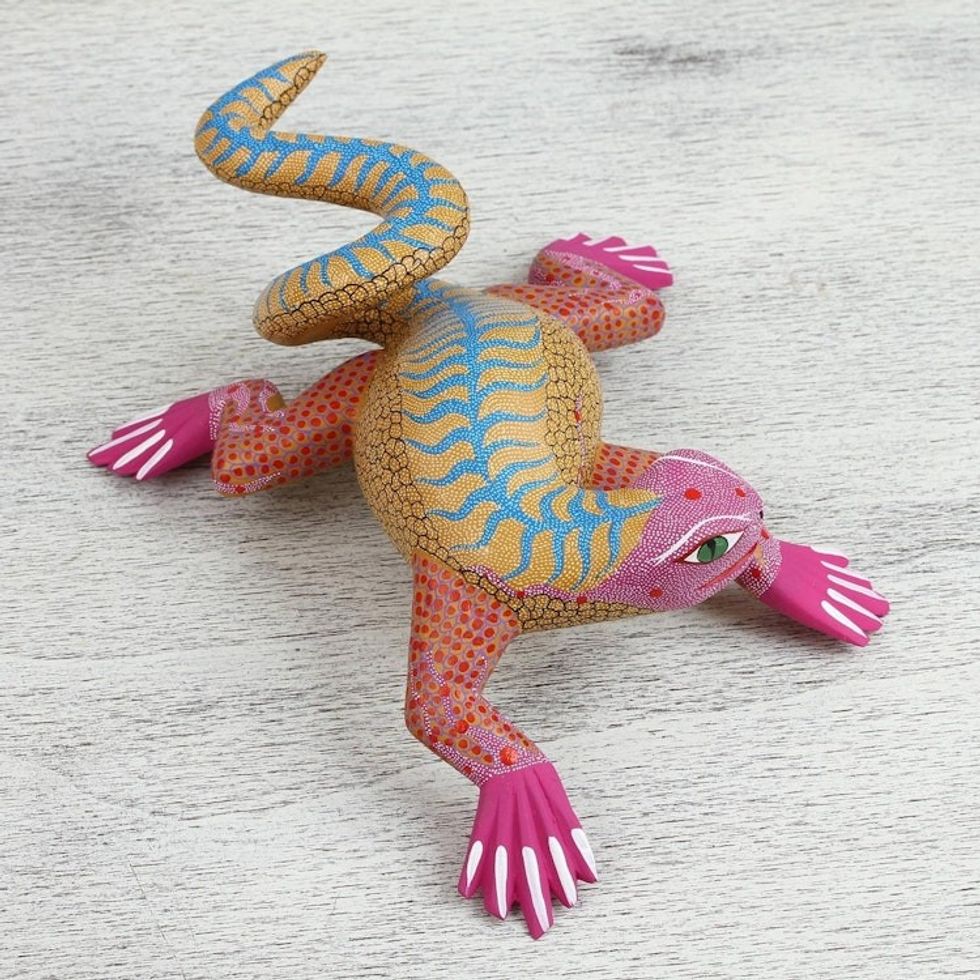 Pink and Yellow Wood Iguana Alebrije Sculpture from Mexico 'Pink Iguana'