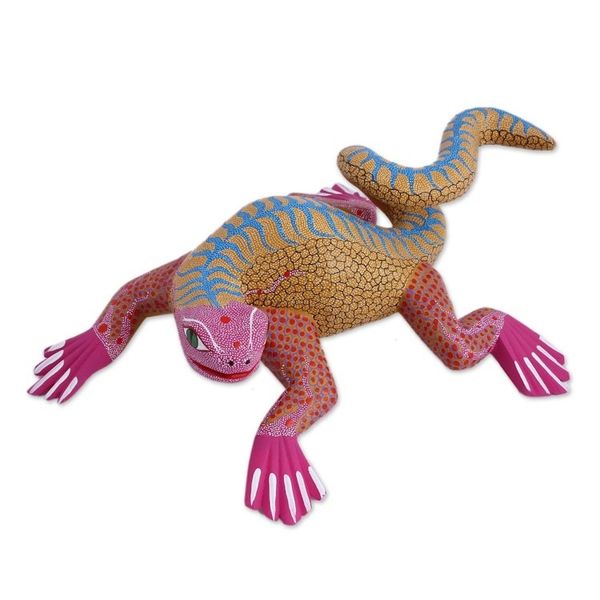 Alternate image for Pink and Yellow Wood Iguana Alebrije Sculpture from Mexico Pink Iguana