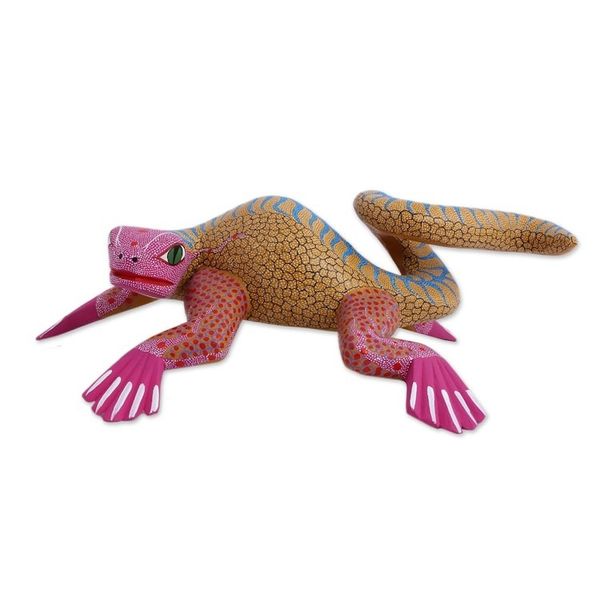 Alternate image for Pink and Yellow Wood Iguana Alebrije Sculpture from Mexico Pink Iguana