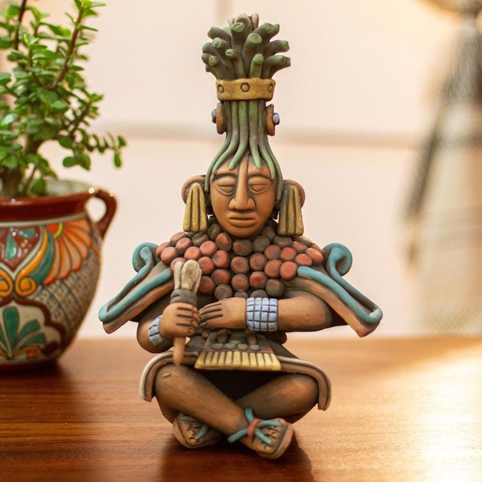 Hand Painted Ceramic Mayan Sculpture from Mexico 'Mayan Astronomer'