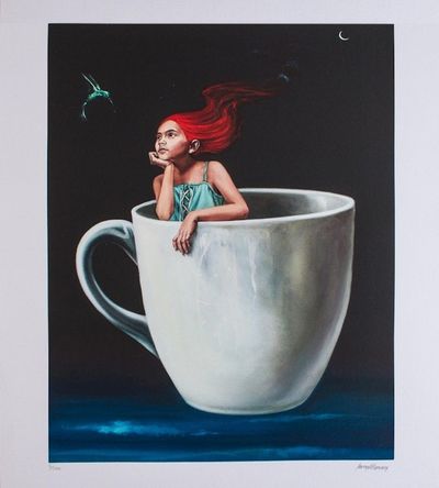 Alternate image for Signed Surrealist Print of a Girl in a Coffee Cup Coffee with Cinnamon