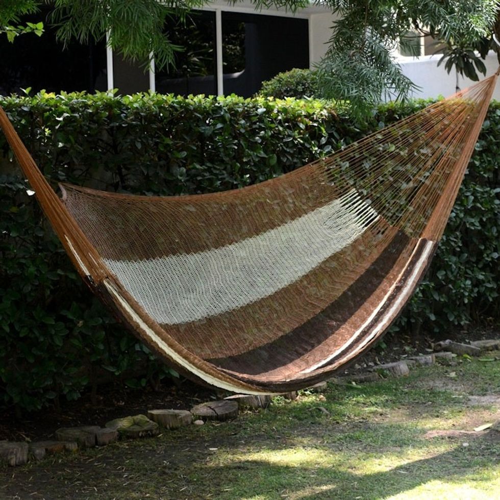 Handwoven Mayan Striped Double Hammock in Brown from Mexico 'Near the Sea'