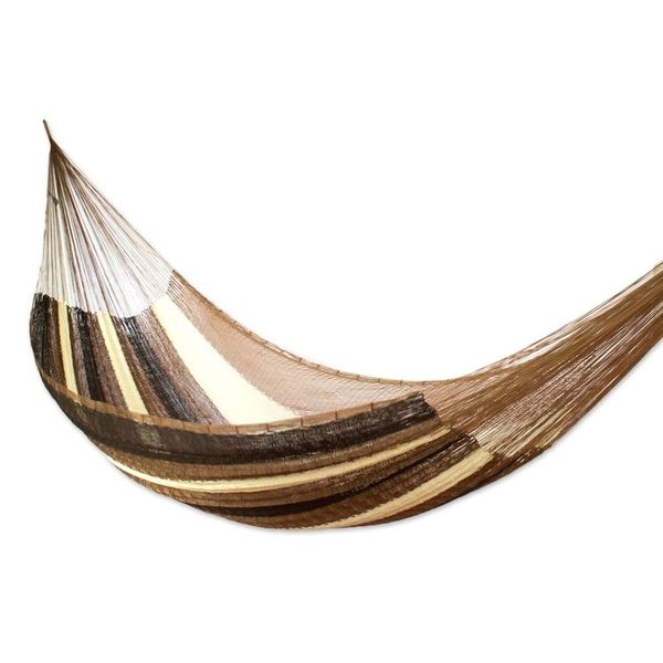Alternate image for Handwoven Mayan Striped Double Hammock in Brown from Mexico Near the Sea