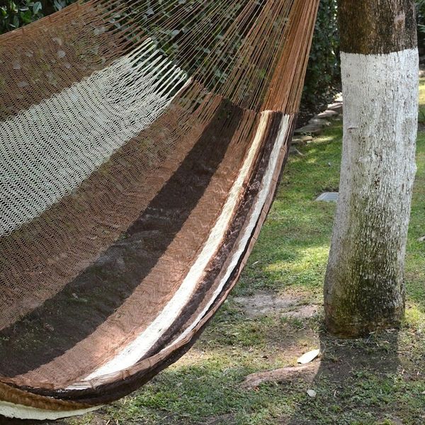 Alternate image for Handwoven Mayan Striped Double Hammock in Brown from Mexico Near the Sea