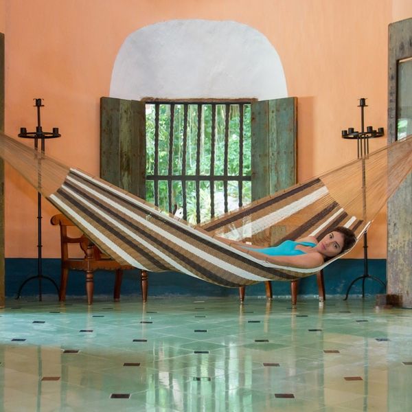 Alternate image for Handwoven Mayan Striped Double Hammock in Brown from Mexico Near the Sea