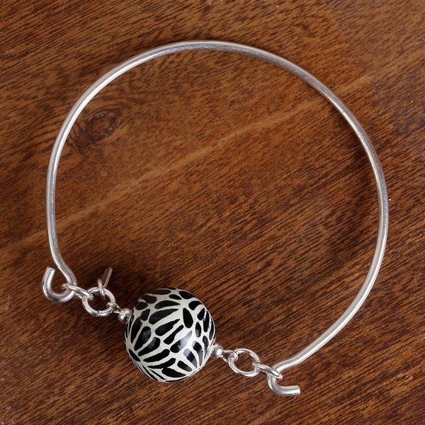Alternate image for Black Talavera Ceramic and Sterling Silver Pendant Bracelet Petal Orb